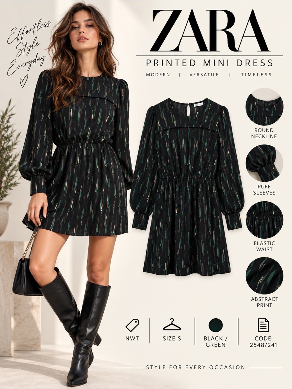 ZARA Black Green Printed Puff Sleeve Mini Dress Size S NWT